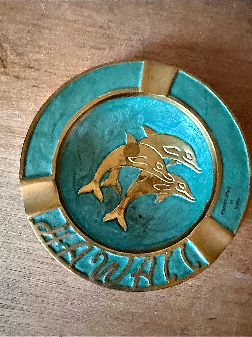 Vintage Brass & Teal Enamel Hawaii Triple Dolphin Collectible Ashtray